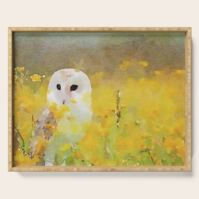 snowy owl in field Serving Tray Gallery Image 1