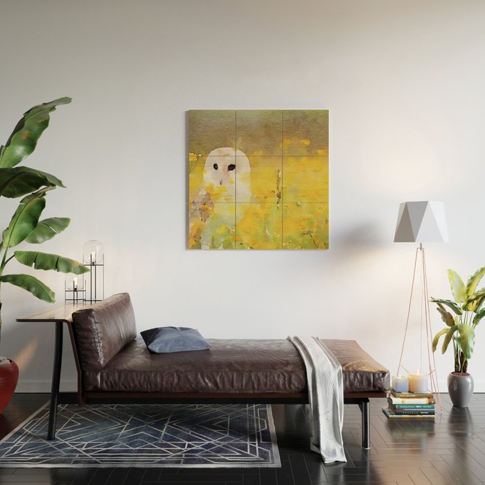 snowy owl in field Wood Wall Art Gallery Image 2