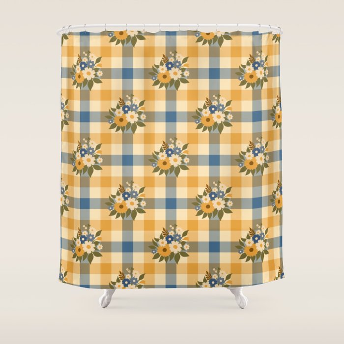 Country Retro Cottage Flowers plaid Shower Curtain Gallery Image 1