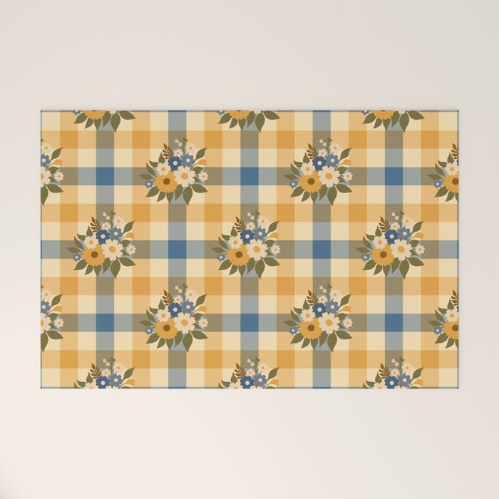 Country Retro Cottage Flowers plaid Welcome Mat Gallery Image 1