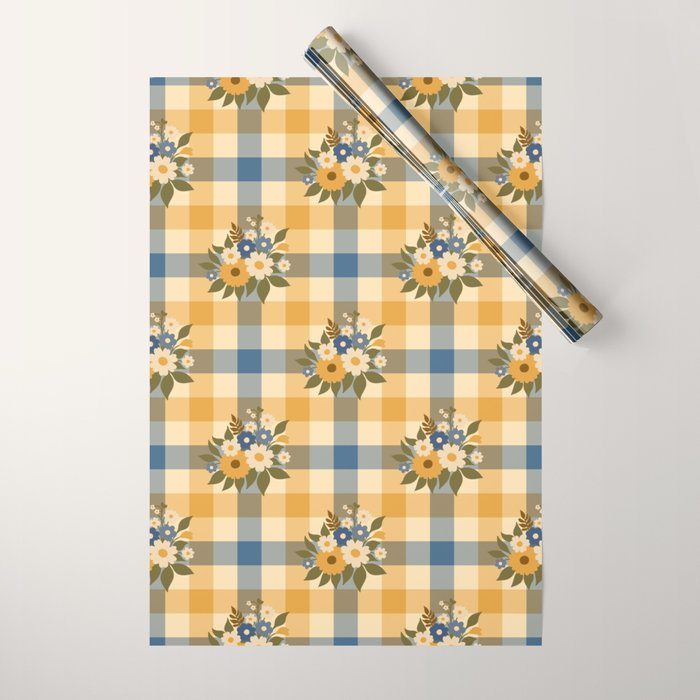 Country Retro Cottage Flowers plaid Wrapping Paper Gallery Image 1