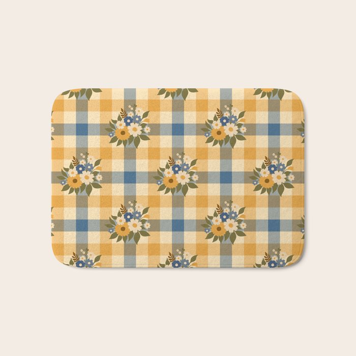 Country Retro Cottage Flowers plaid Bath Mat Gallery Image 1
