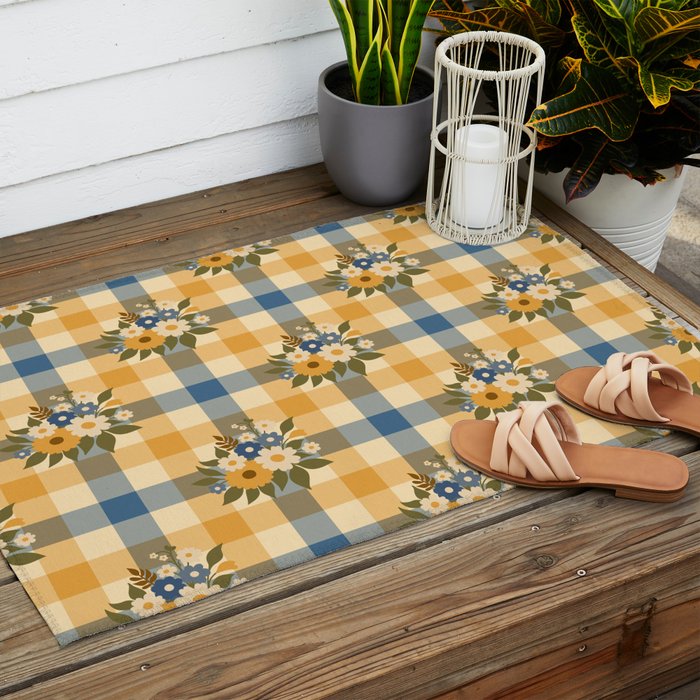 Country Retro Cottage Flowers plaid Outdoor Rug Gallery Image 2