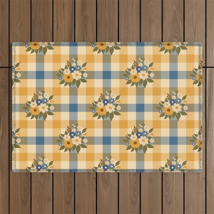 Country Retro Cottage Flowers plaid Outdoor Rug Gallery Image 1