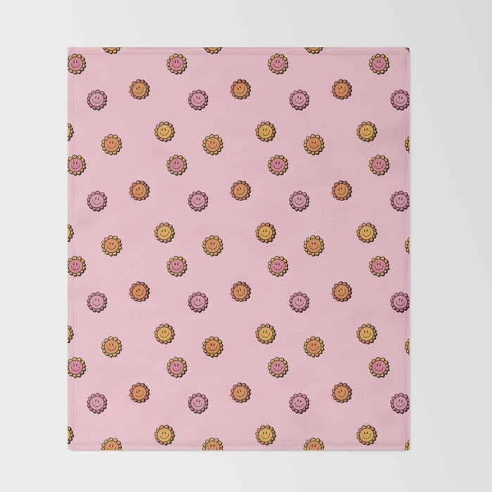 Happy Flowers Print in Pink Throw Blanket Gallery Image 2