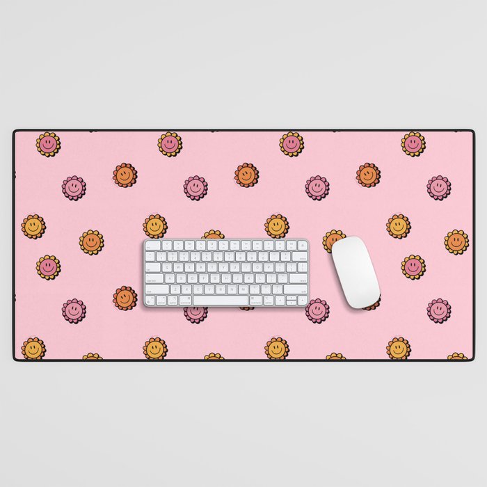 Happy Flowers Print in Pink Desk Mat Gallery Image 1