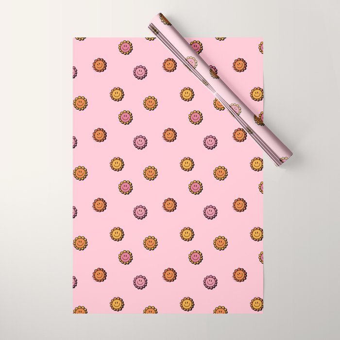 Happy Flowers Print in Pink Wrapping Paper Gallery Image 1