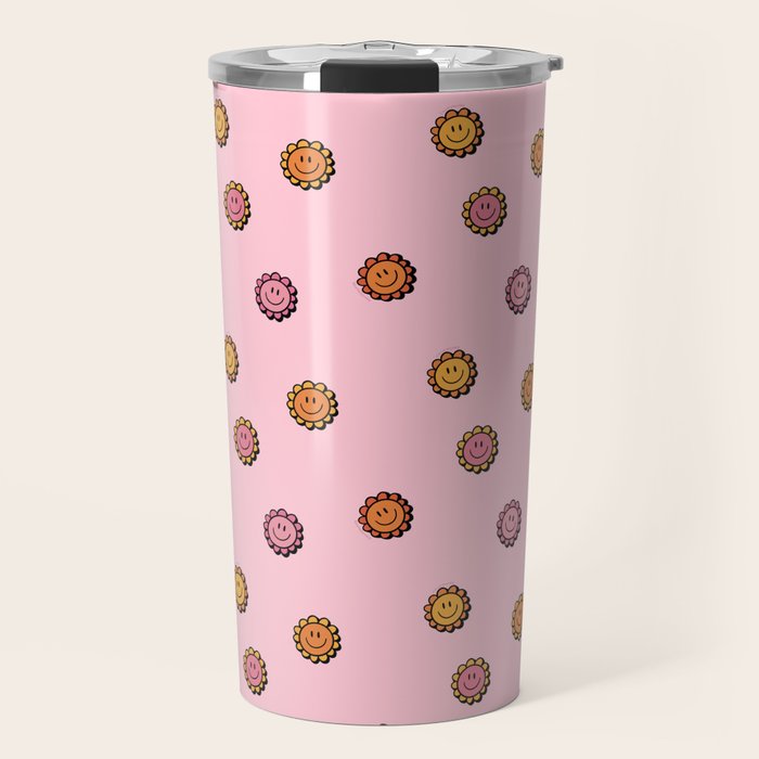 Happy Flowers Print in Pink Travel Mug Gallery Image 1