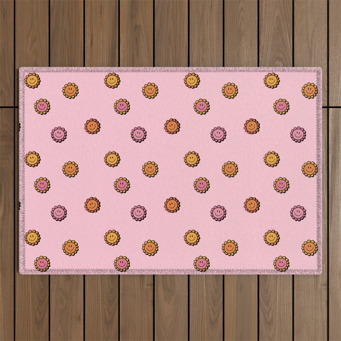 Happy Flowers Print in Pink Outdoor Rug Gallery Image 1