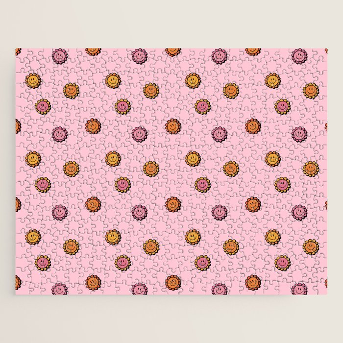 Happy Flowers Print in Pink Jigsaw Puzzle Gallery Image 1