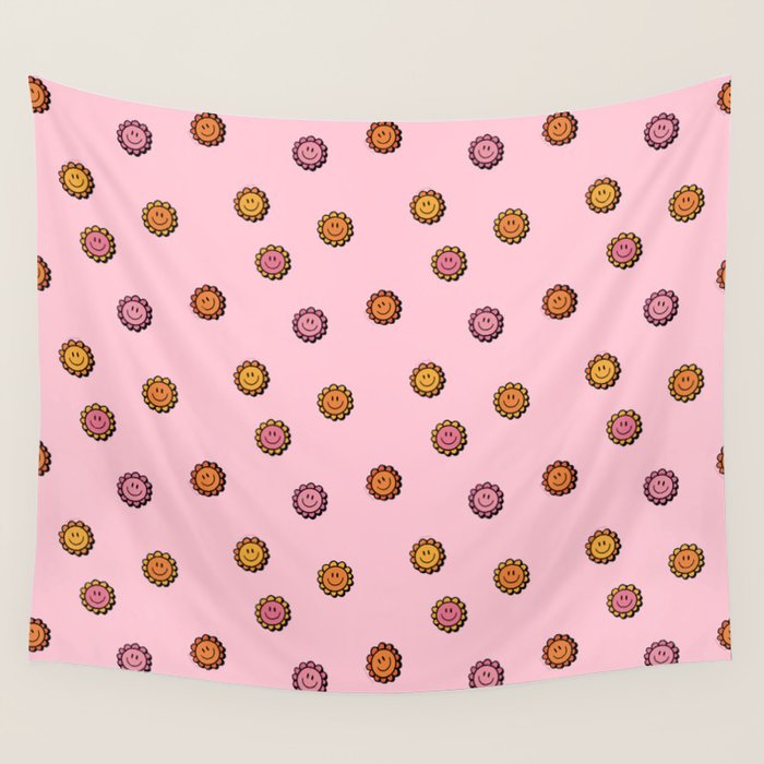 Happy Flowers Print in Pink Wall Tapestry Gallery Image 4