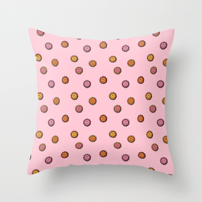 Happy Flowers Print in Pink Throw Pillow Gallery Image 1