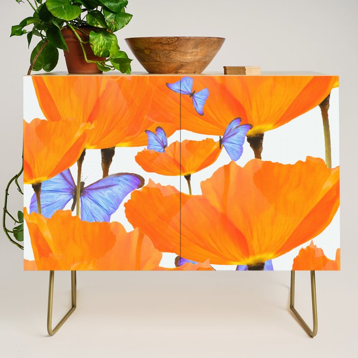 Poppies And Butterflies White Background #decor #society6 #buyart Credenza Gallery Image 1