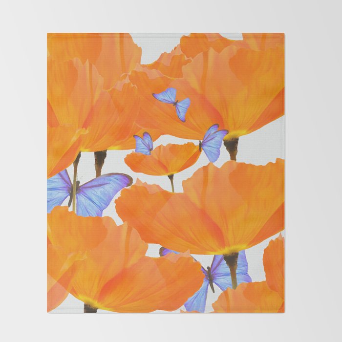 Poppies And Butterflies White Background #decor #society6 #buyart Throw Blanket Gallery Image 2