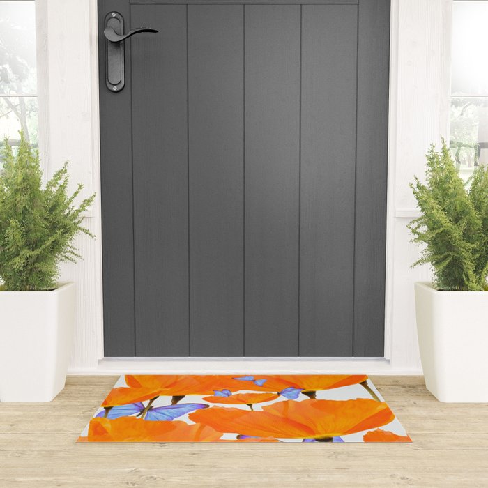Poppies And Butterflies White Background #decor #society6 #buyart Welcome Mat Gallery Image 3
