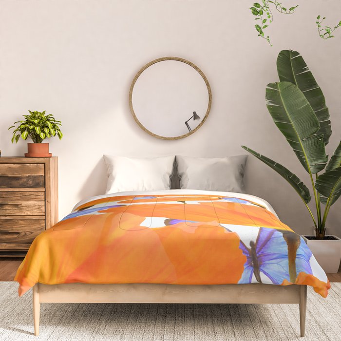 Poppies And Butterflies White Background #decor #society6 #buyart Comforter Gallery Image 3
