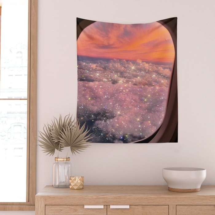 SHINING SKY | plane | illuminator | fly | freedom | travel | clouds | pink | cute | glitter | bling Wall Tapestry Gallery Image 2