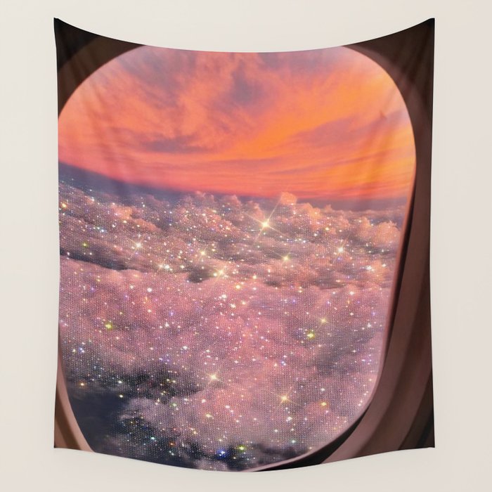 SHINING SKY | plane | illuminator | fly | freedom | travel | clouds | pink | cute | glitter | bling Wall Tapestry Gallery Image 1