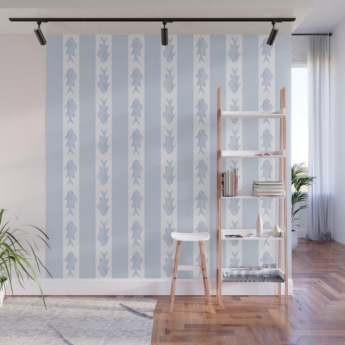 Coastal Fish Stripes Nostalgic Pattern in Light Blue and White Wall Mural Gallery Image 1
