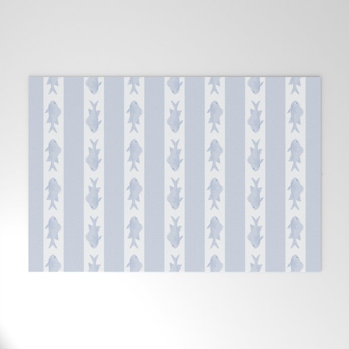 Coastal Fish Stripes Nostalgic Pattern in Light Blue and White Welcome Mat Gallery Image 1