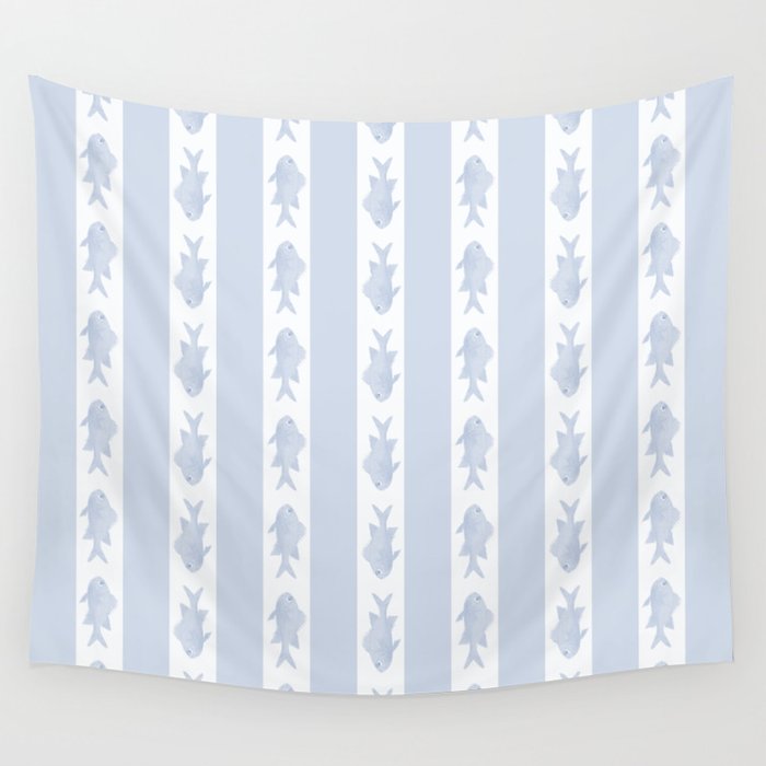 Coastal Fish Stripes Nostalgic Pattern in Light Blue and White Wall Tapestry Gallery Image 4