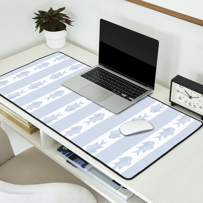 Coastal Fish Stripes Nostalgic Pattern in Light Blue and White Desk Mat Gallery Image 2