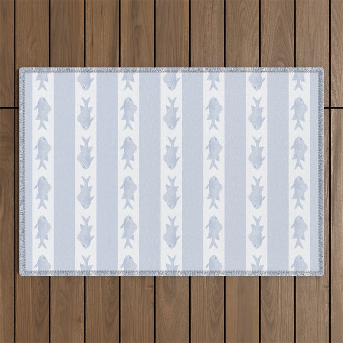 Coastal Fish Stripes Nostalgic Pattern in Light Blue and White Outdoor Rug Gallery Image 1