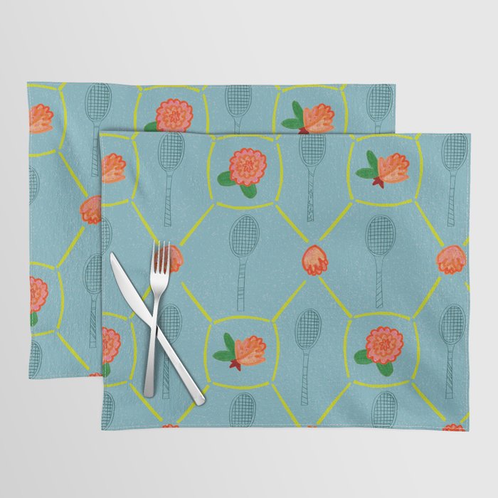 Tennis Rackets & Roses in Warm Blue & Peach Placemat Gallery Image 1