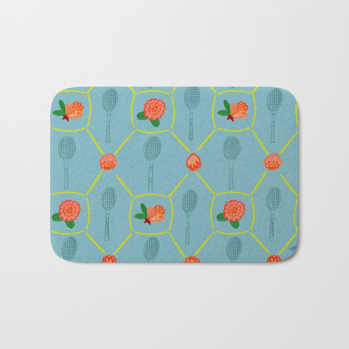Tennis Rackets & Roses in Warm Blue & Peach Bath Mat Gallery Image 1