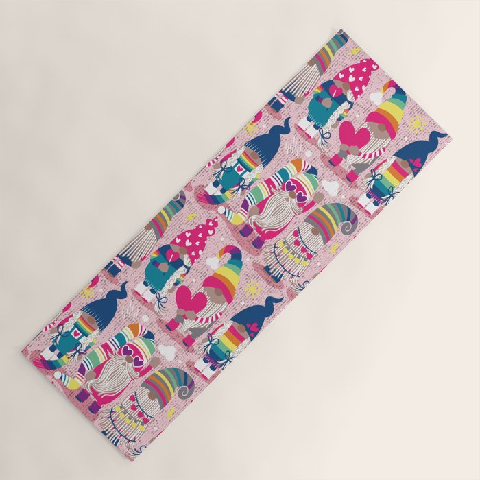 I gnome you // pastel pink background little happy and lovely gnomes with rainbows fuchsia pink hearts Yoga Mat Gallery Image 1