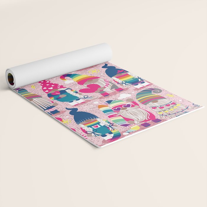 I gnome you // pastel pink background little happy and lovely gnomes with rainbows fuchsia pink hearts Yoga Mat Gallery Image 2