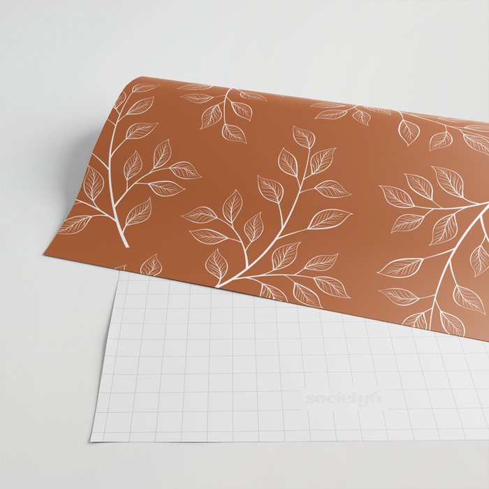 Delicate White Leaves and Branch on a Rust Orange Background Wrapping Paper Gallery Image 2