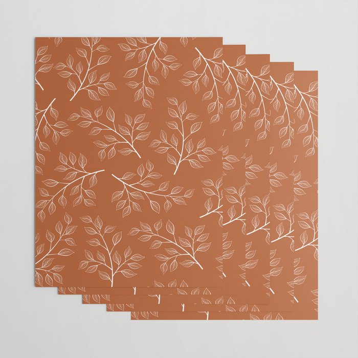 Delicate White Leaves and Branch on a Rust Orange Background Wrapping Paper Gallery Image 3