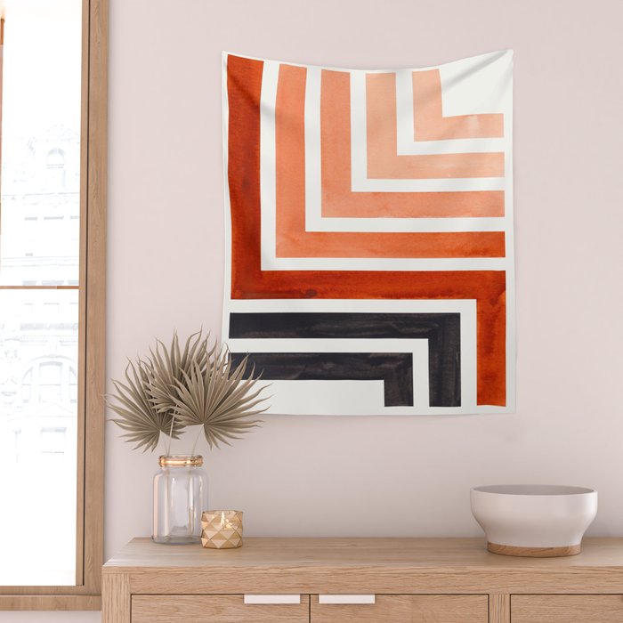 Burnt Sienna Mid Century Modern Watercolor Colorful Ancient Aztec Art Pattern Minimalist Geometric P Wall Tapestry Gallery Image 2