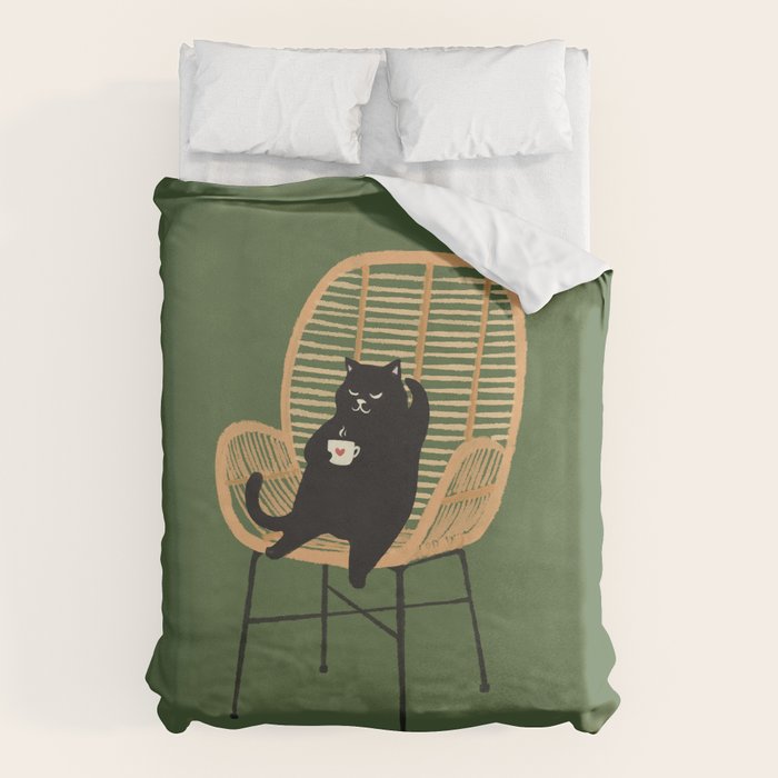 Lazy cat 2b Green enjoy coffee on rattan chair  Duvet Cover Gallery Image 6