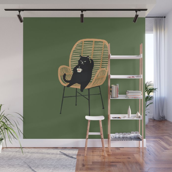 Lazy cat 2b Green enjoy coffee on rattan chair  Wall Mural Gallery Image 1