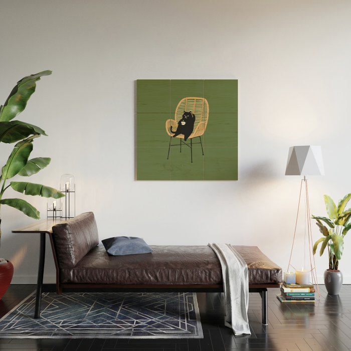 Lazy cat 2b Green enjoy coffee on rattan chair  Wood Wall Art Gallery Image 2