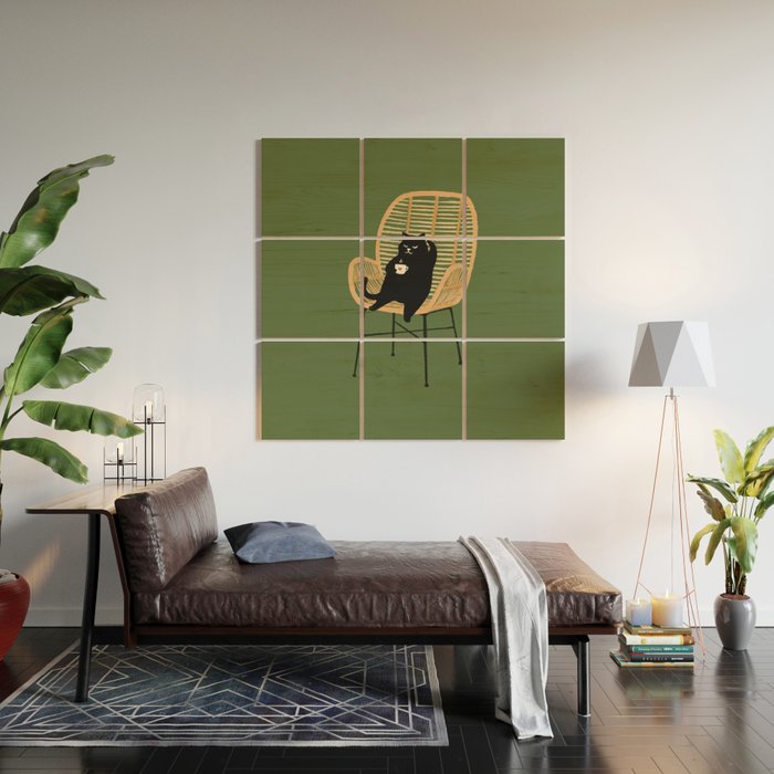 Lazy cat 2b Green enjoy coffee on rattan chair  Wood Wall Art Gallery Image 2