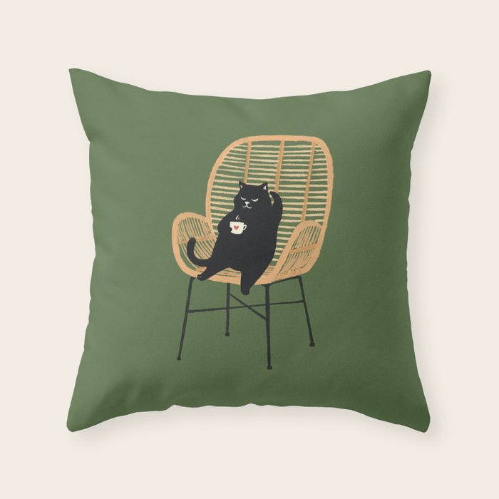 Lazy cat 2b Green enjoy coffee on rattan chair  Throw Pillow Gallery Image 1