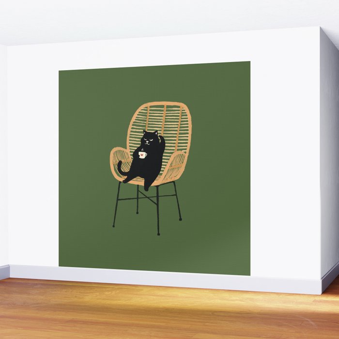 Lazy cat 2b Green enjoy coffee on rattan chair  Wall Mural Gallery Image 2