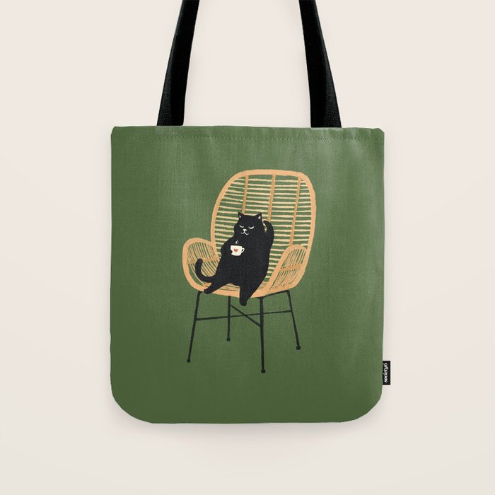 Lazy cat 2b Green enjoy coffee on rattan chair  Tote Bag Gallery Image 1