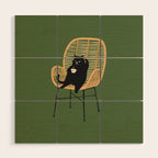 Lazy cat 2b Green enjoy coffee on rattan chair  Wood Wall Art Gallery Image 1