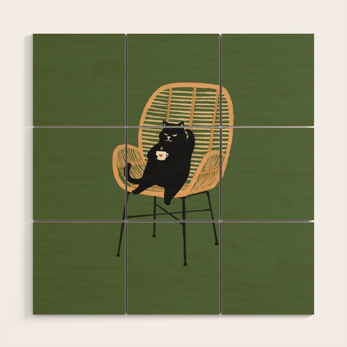 Lazy cat 2b Green enjoy coffee on rattan chair  Wood Wall Art Gallery Image 1