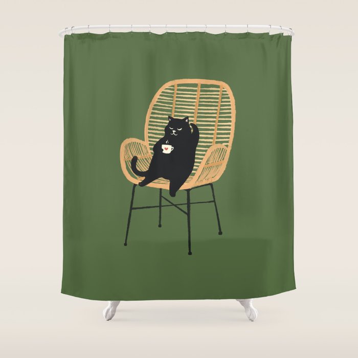 Lazy cat 2b Green enjoy coffee on rattan chair  Shower Curtain Gallery Image 1
