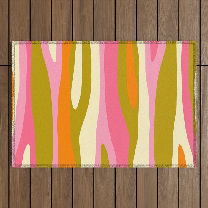 Abstract Wild Stripes Eclectic Pattern in Pink Chartreuse Orange Cream Outdoor Rug Gallery Image 1