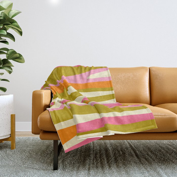 Abstract Wild Stripes Eclectic Pattern in Pink Chartreuse Orange Cream Throw Blanket Gallery Image 1