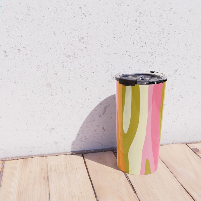 Abstract Wild Stripes Eclectic Pattern in Pink Chartreuse Orange Cream Travel Mug Gallery Image 4