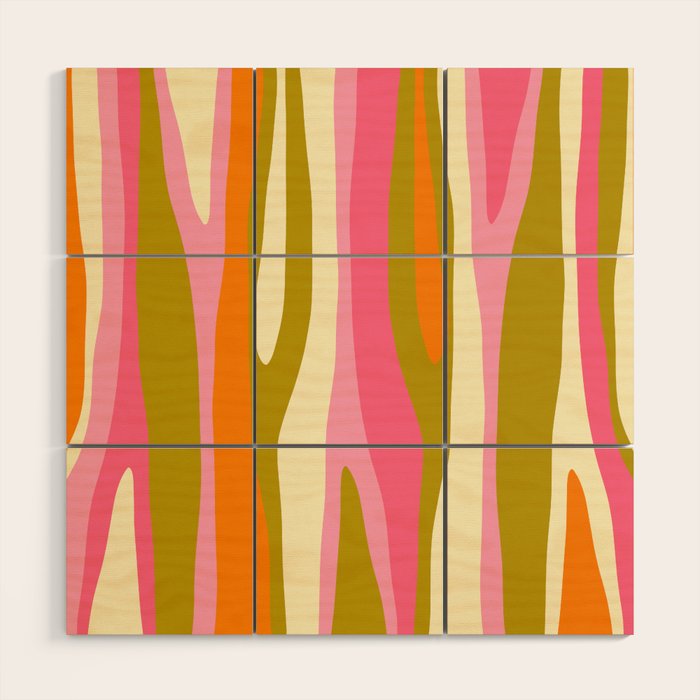 Abstract Wild Stripes Eclectic Pattern in Pink Chartreuse Orange Cream Wood Wall Art Gallery Image 1