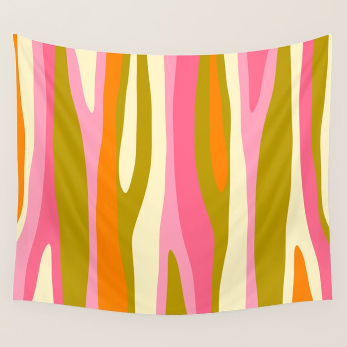 Abstract Wild Stripes Eclectic Pattern in Pink Chartreuse Orange Cream Wall Tapestry Gallery Image 4