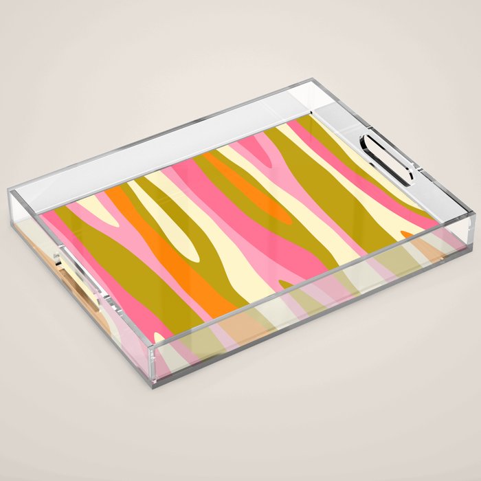 Abstract Wild Stripes Eclectic Pattern in Pink Chartreuse Orange Cream Acrylic Tray Gallery Image 1